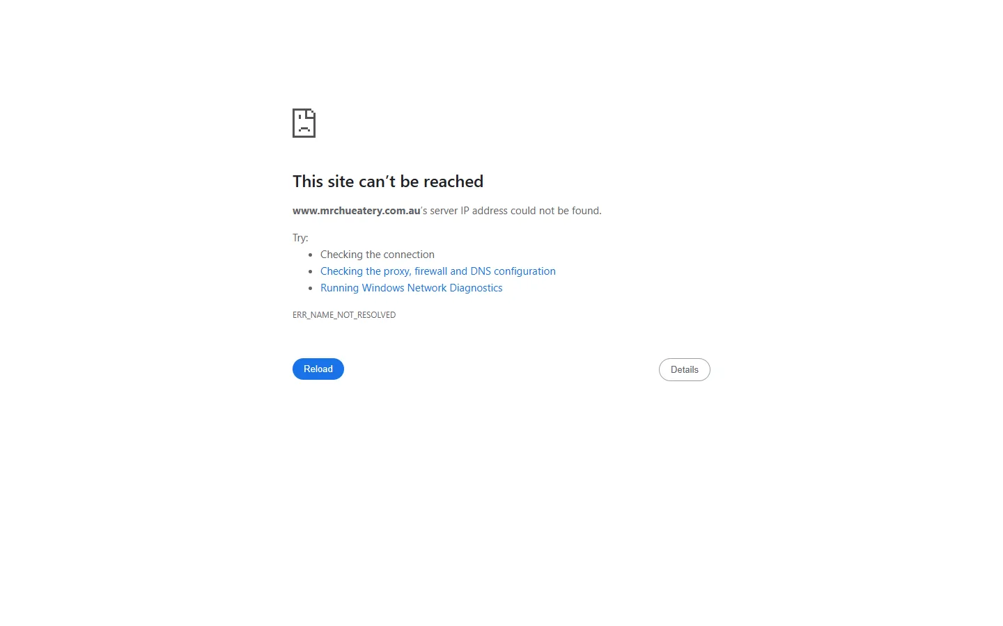 The current Mr Chu website, showing a browser error page